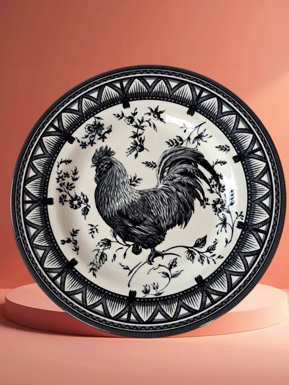 Churchill Black Rooster 8.5" Salad Plates Toile Floral Tassel Country Cottage - Picture 11 of 15